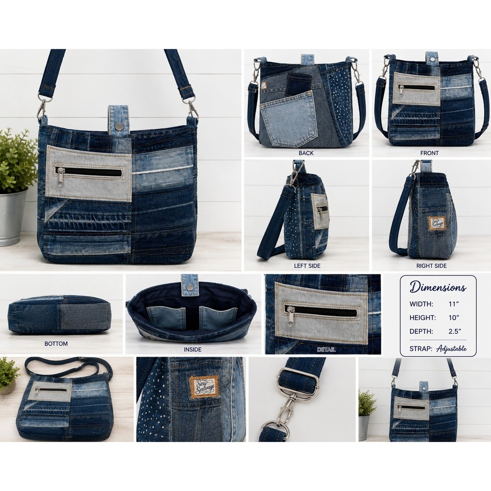 Sew Salvage LLC Upcycled Denim Patchwork Crossbody Bag Rhinestone Studded Jean